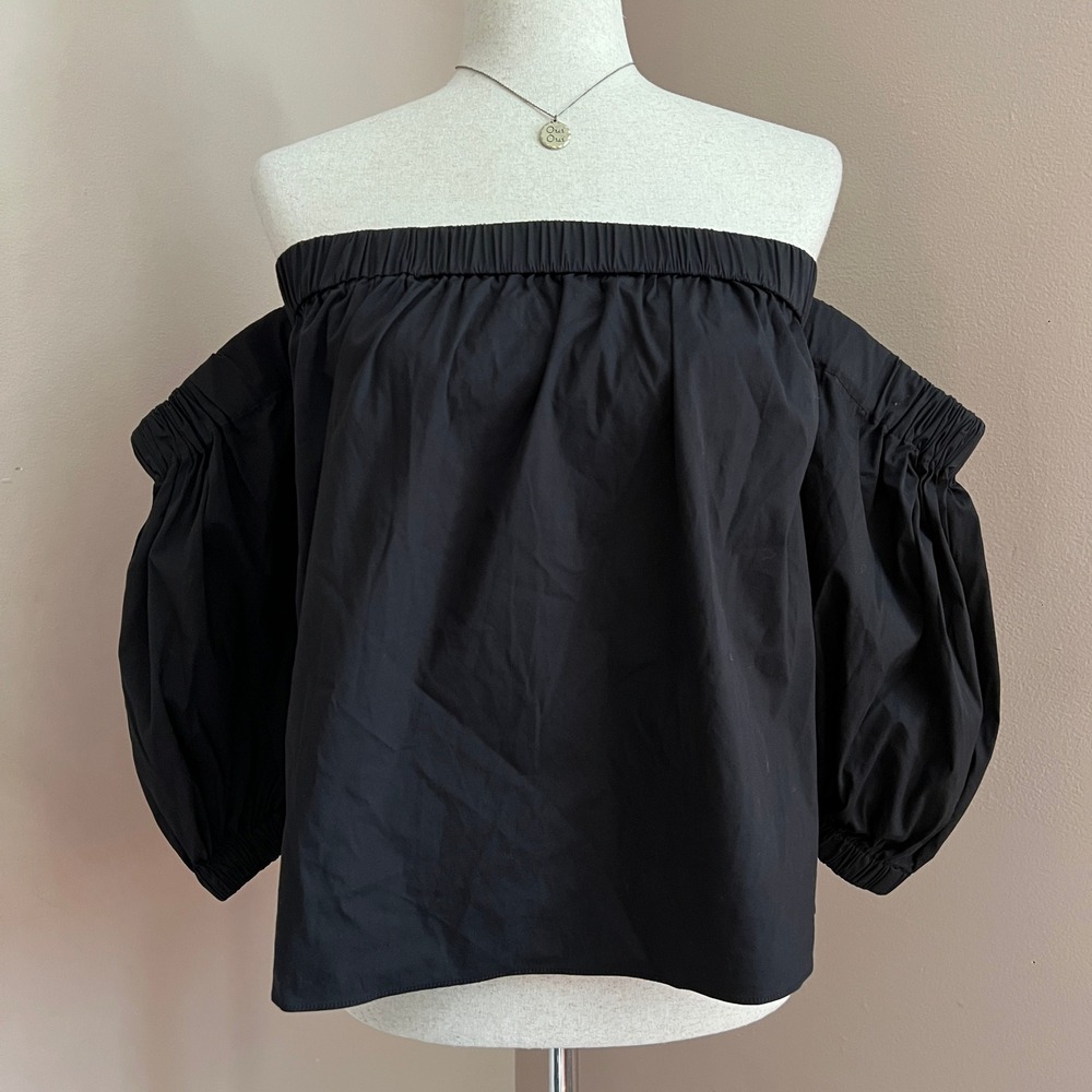 Milly Black Puff Sleeve Poplin‎ Top Off Shoulder Peasant Blouse Euro Summer M